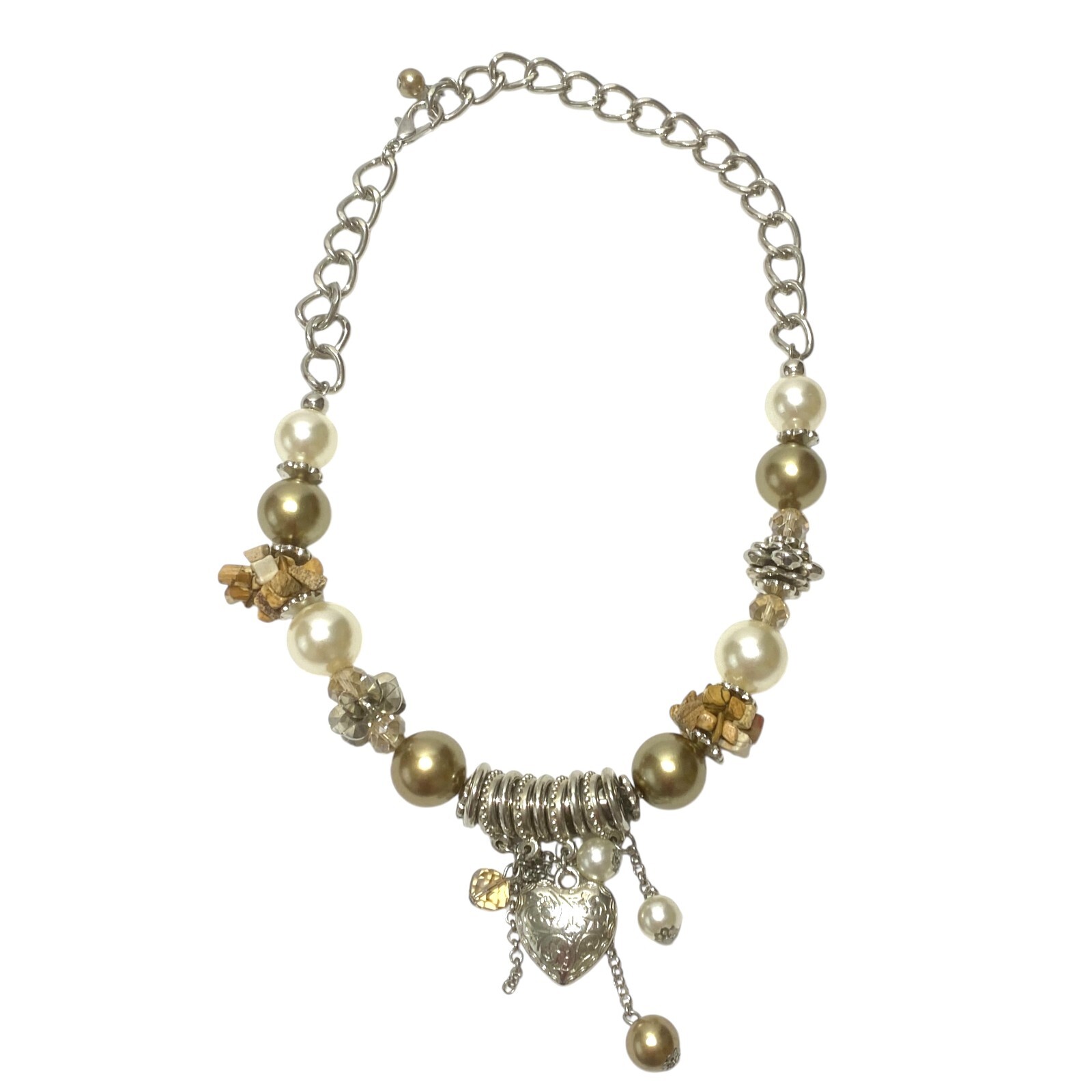 Chunky Charm Statement Necklace Puffy Heart Crystal Simulated Pearl Collar Chain
