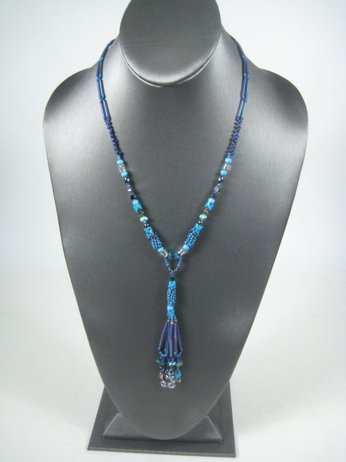 Handcrafted Blue Beaded Tassel Necklace Glass Plastic Stone Beads 18 inch Adj