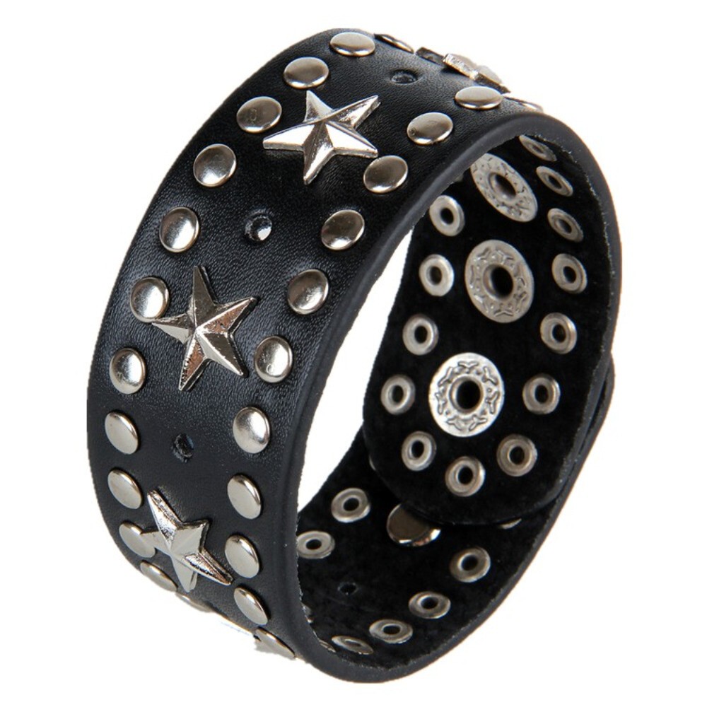 Gothic Punk Rock Wide Alloy Star Studded Bracelet Leather Bangle Cuff Adjustable