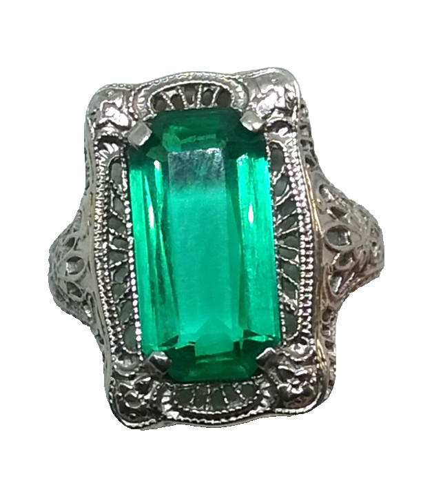 Silvertone Green Glass Filigree Marked A & S 14K – 3 Grams Size 5 Ring