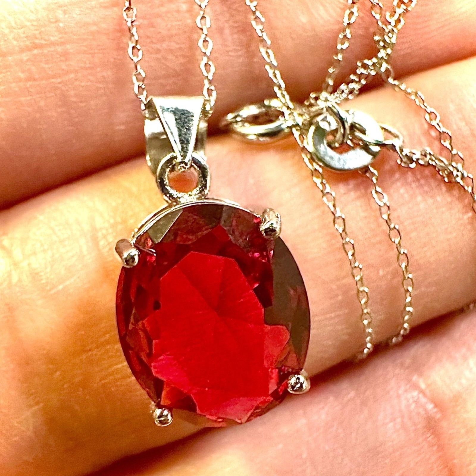 Ruby CZ Necklace 925 Sterling Silver 12mm Oval Red Pendant 18in Chain