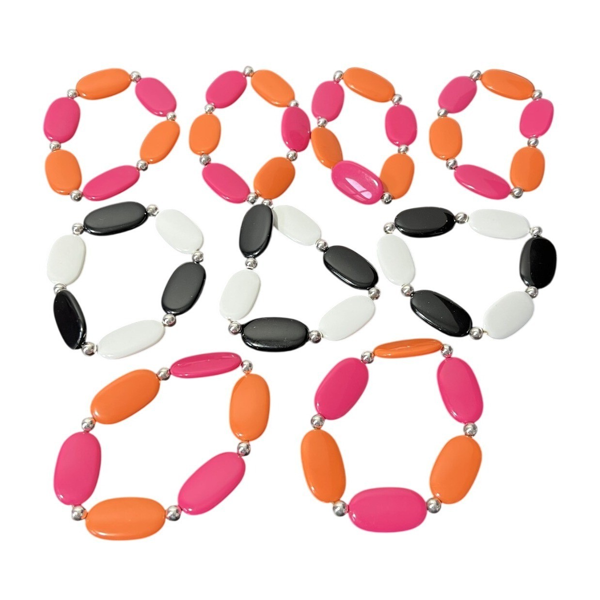 Lot of 9 Fashion Stretch Bracelets Oval Beads Pink Orange Black White Set