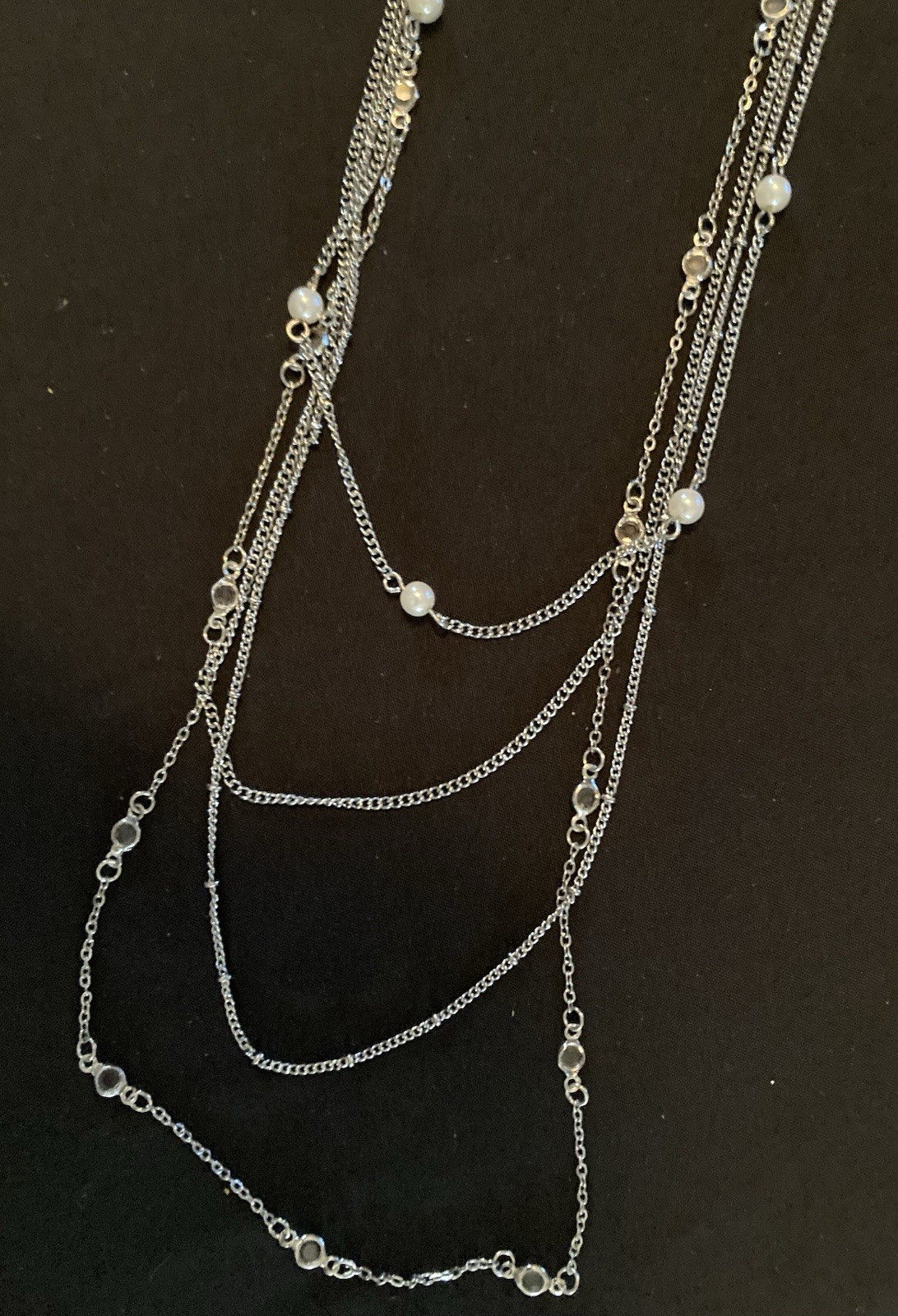 Vanity Silver Tone Layered Multi-Strand Cable Chain Necklace White Beads