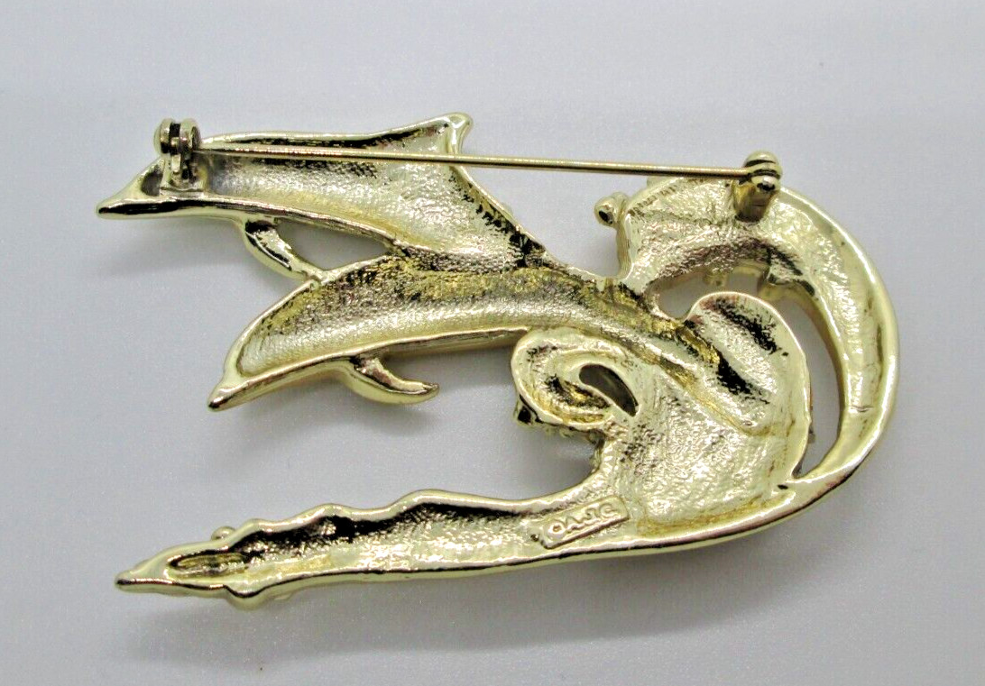 Vintage Dolphins In The Waves Brooch Pin AJC Signed Gold Tone 2 5/8″