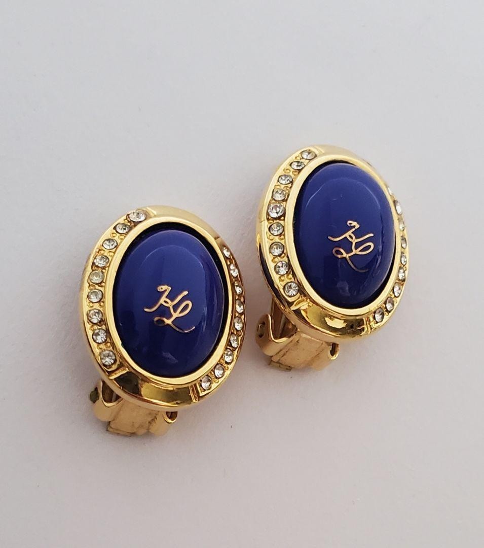 Vintage Karl Lagerfeld Blue Cabochon cut Gold Tone Oval Clip-On Earrings