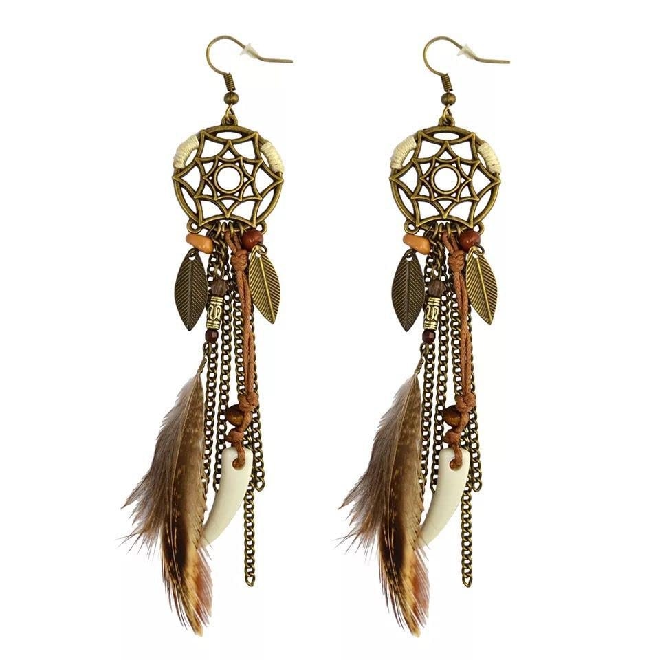 Brown Dream Catcher Feather Earrings Vintage Bohemian Ethnic Dangle Earrings …