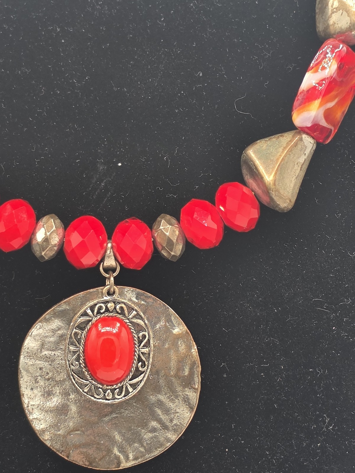 Boho Red Maroon Pendant Necklace Silver Tone Ethnic Statement 18”+Ext
