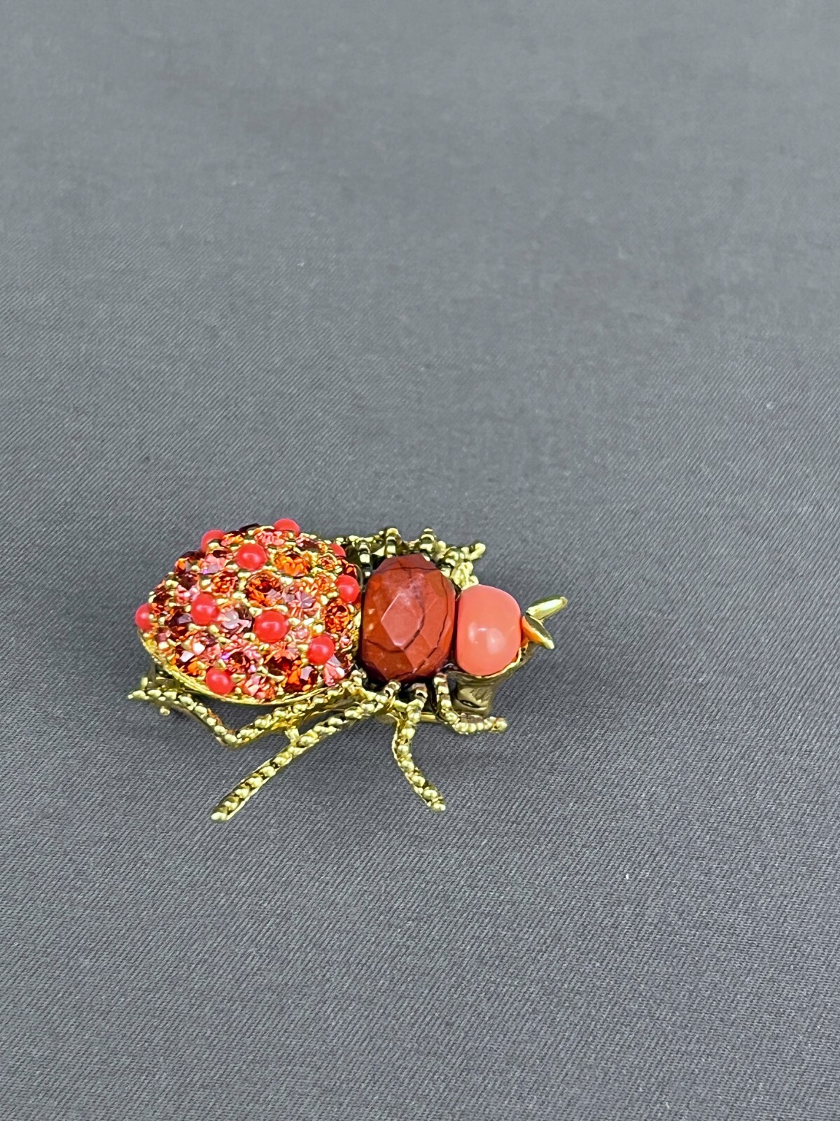 2 Joan Rivers Carnelian Spider & Faux Jade Just Do It Bee Brooches w/Crystals
