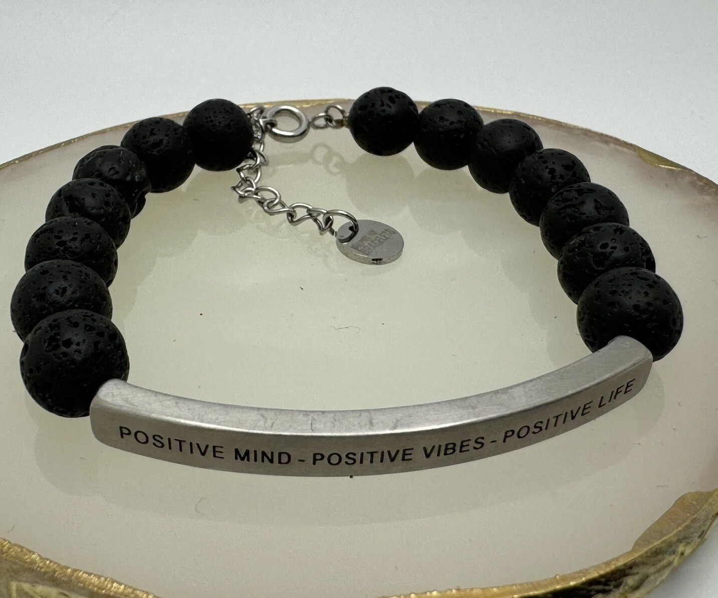 Inspire Me Bracelet “POSITIVE MIND-VIBES-LIFE” Lava Stone 7” – 8.25” New