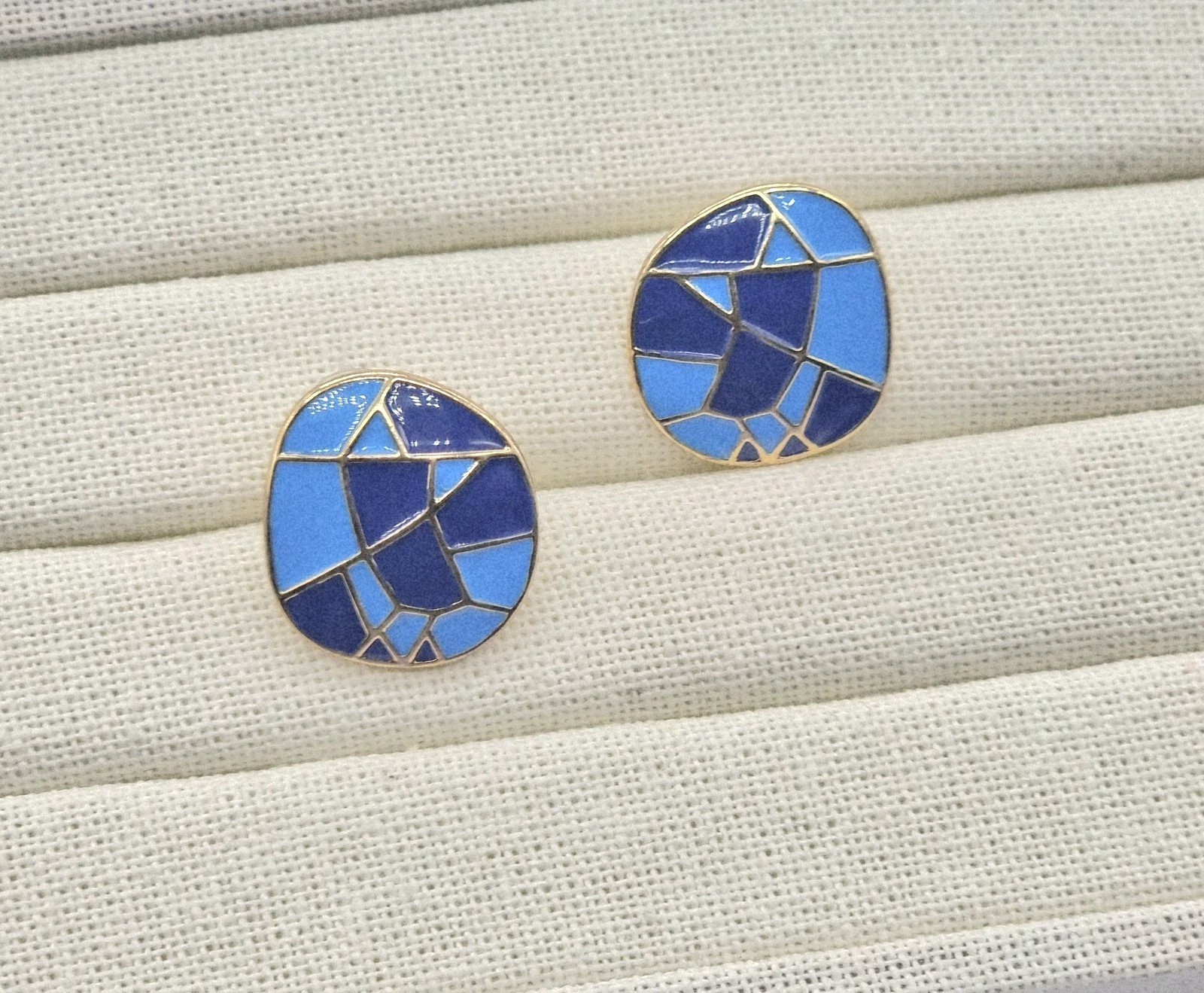 Earrings Enamel Round 2.3cm Art Deco Blue Gold Push Backs Arty Retro Party Gift
