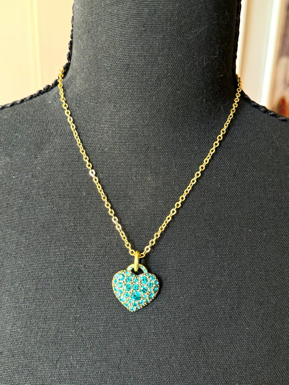 Pilgrim Brass Tone Cable Chain Necklace Heart Blue Crystal Pavé Charm Adjustable