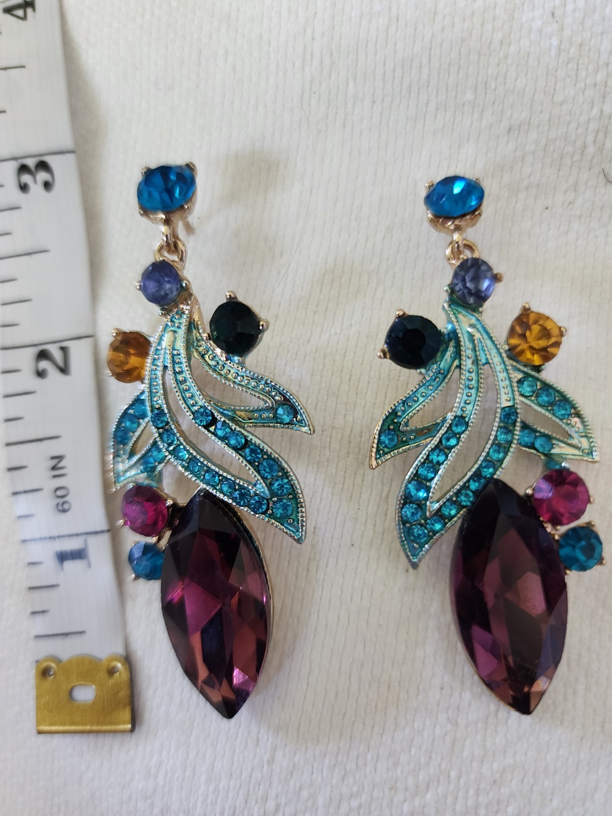Multicolor Teal Leaf & Amethyst Crystal Drop Earrings 3″ Pierced Earrings