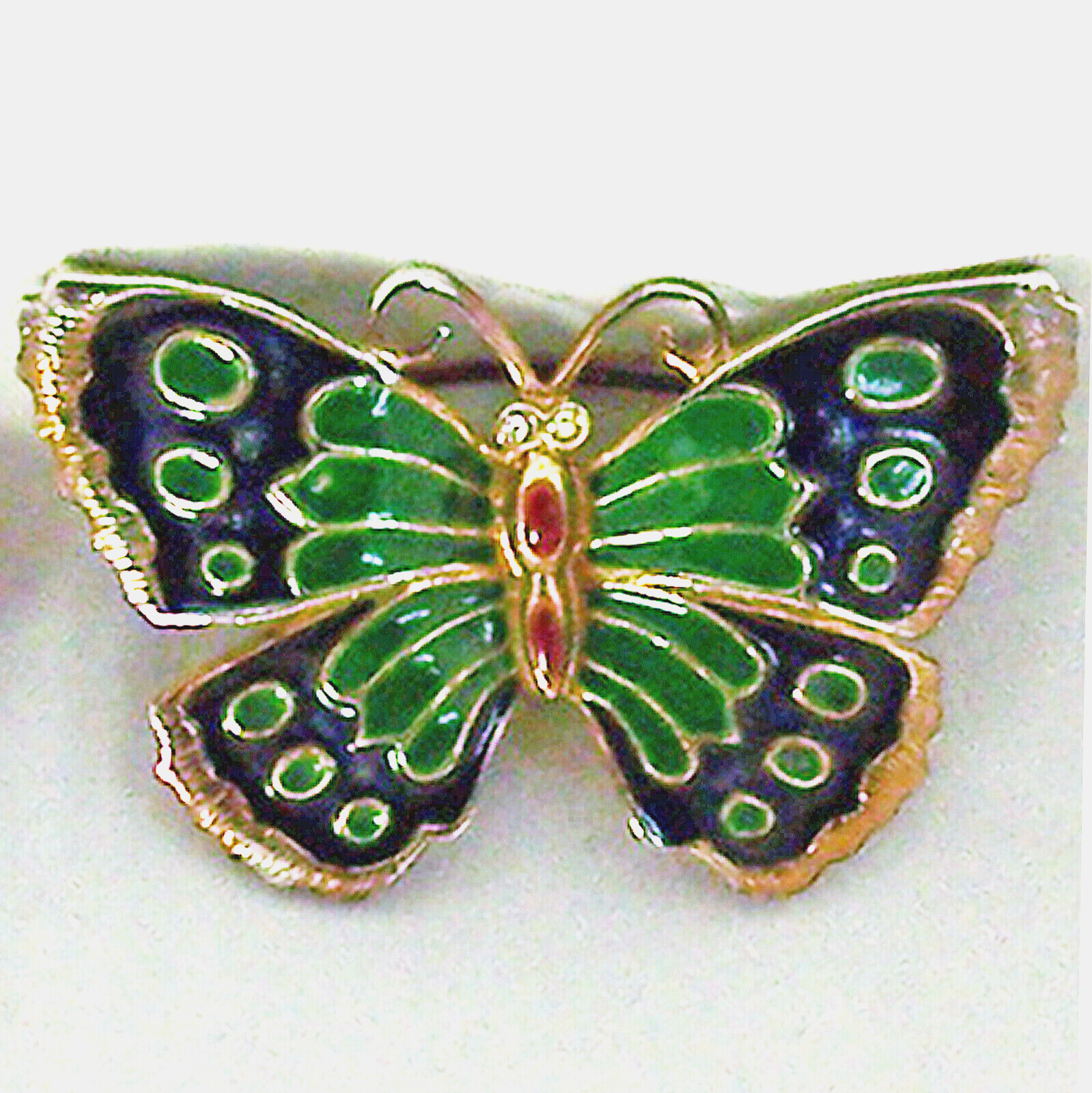Vintage Pin Butterfly Green Blue Red Enamel Clear Rhinestone Goldtone Brooch 