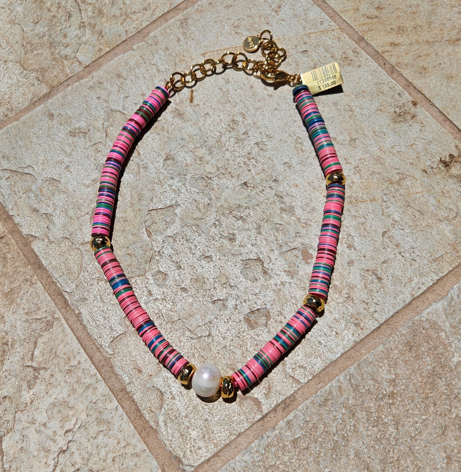 NEST Jewelry Pink Multi Color Vinyl Bead with Center Pearl and Gold Tone Beads