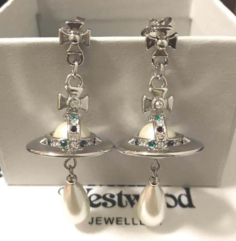 Vivienne Westwood SemiLong Pearl Earrings Silver White Orb Drop with drawstring