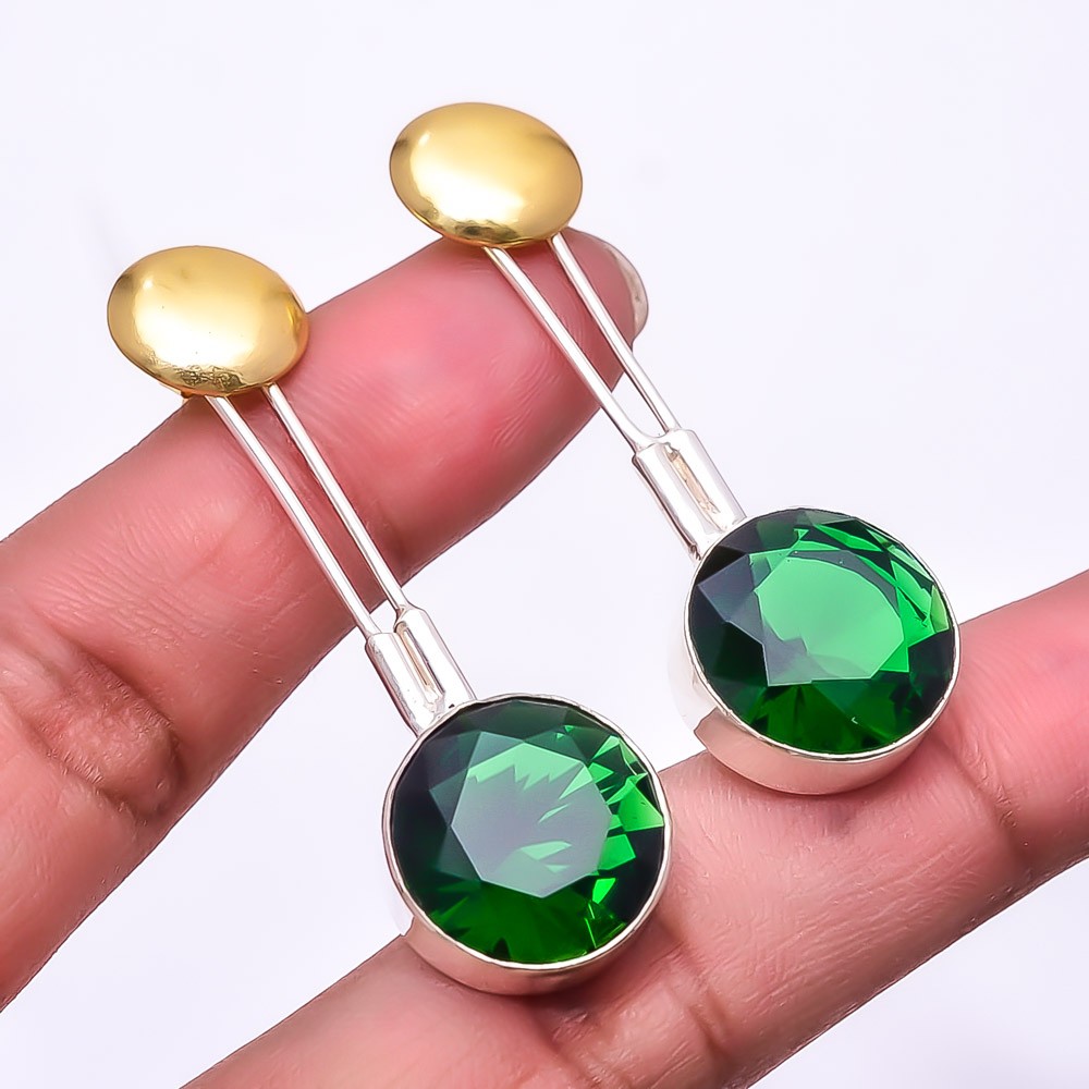Tsavorite 925 Sterling Silver Two Tone Earring 2.15″ E78, Christmas Gift