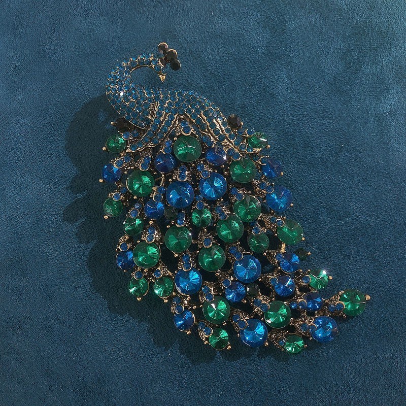 Exquisite 4.1″ Peacock Brooch Pin Pendant Blue Green Rhinestone Crystal Vintage