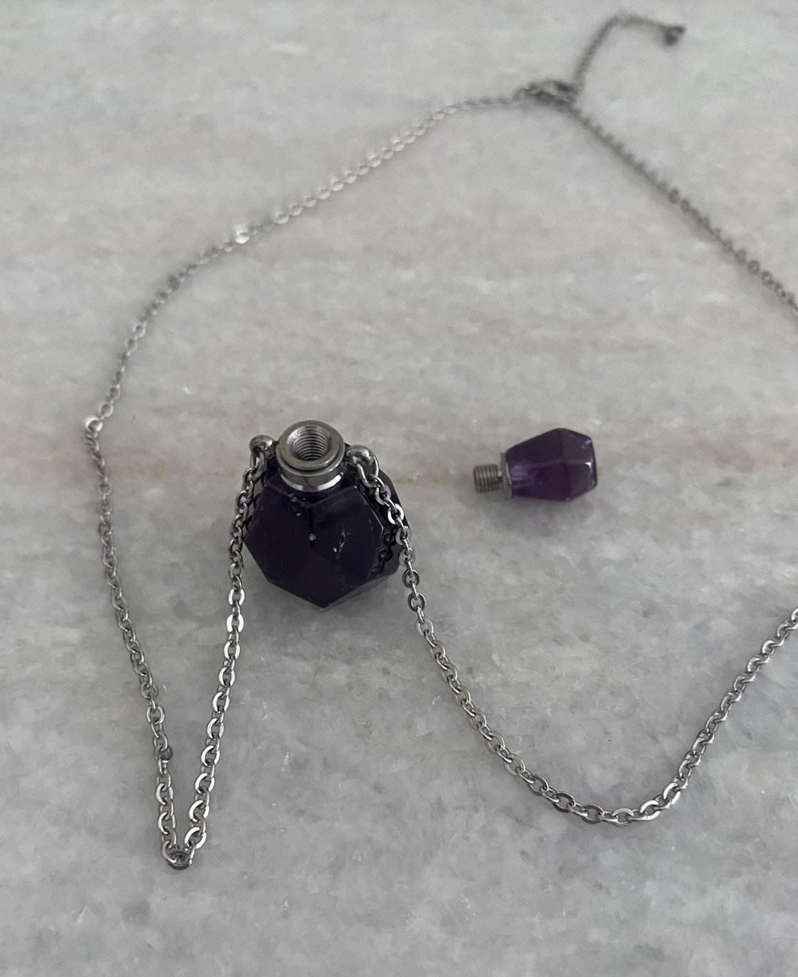 Beautiful Amethyst Perfume Oil Bottle Pendant Necklace Chain 20.75”