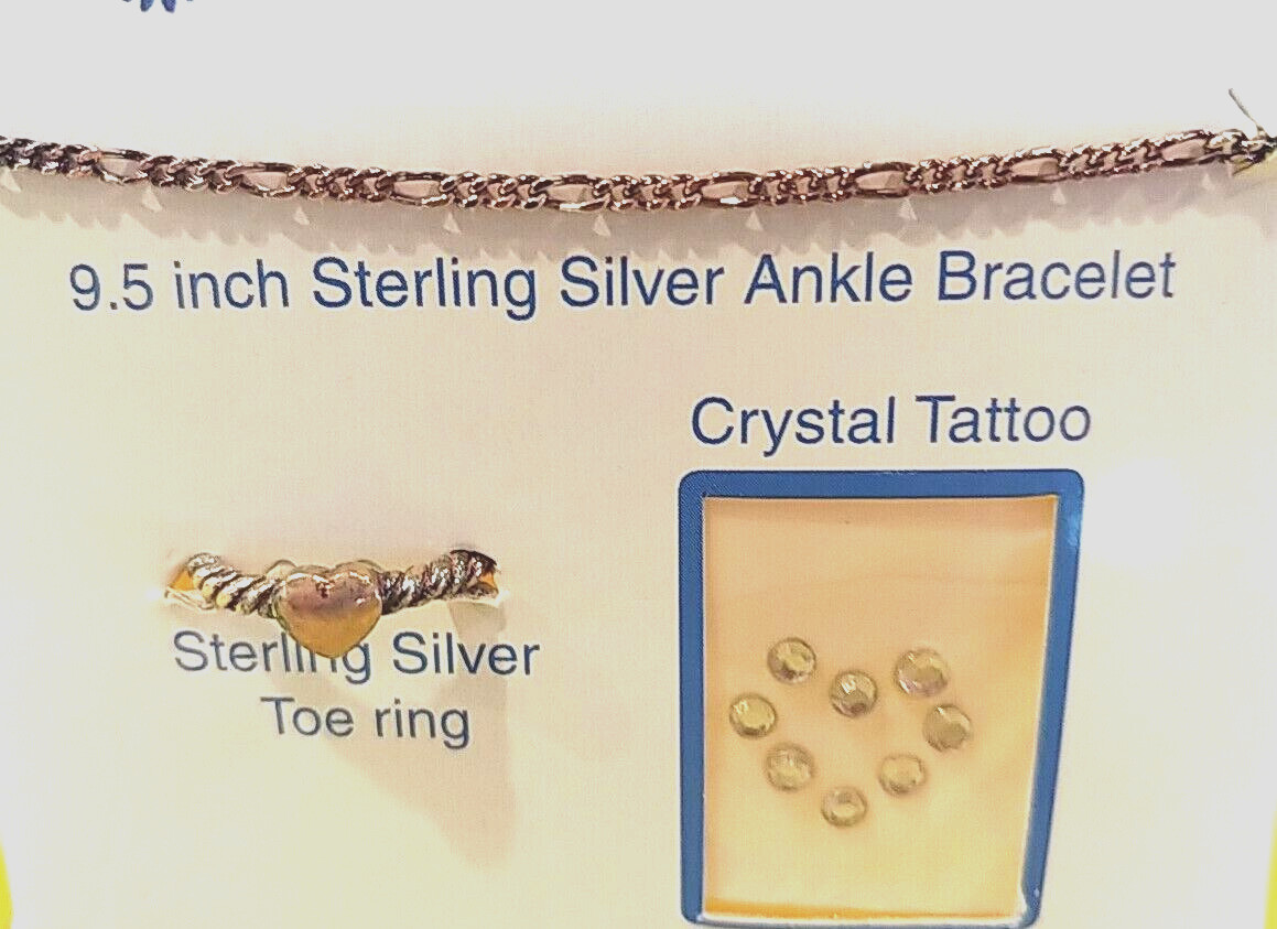 SOLID 92.5 % Sterling Silver 9.5 in Ankle Bracelet and Toe Ring Set Gift
