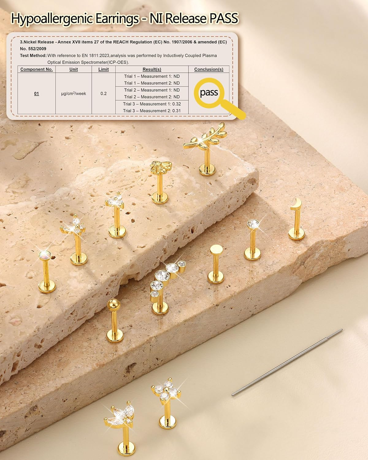 14K Gold Plated Threadless Flat Back Earrings for Women Men 316L Surgical Steel