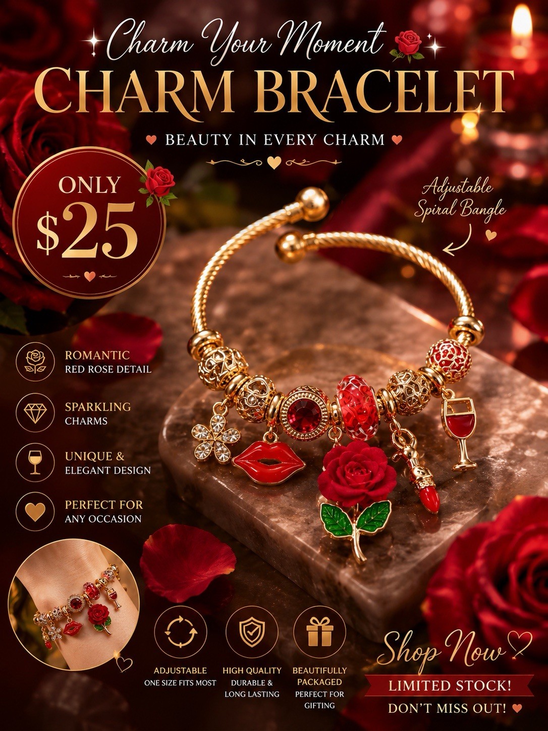 Gold Tone Adjustable Snake Chain Charm Bangle Bracelet Red Rose Crystal Charms