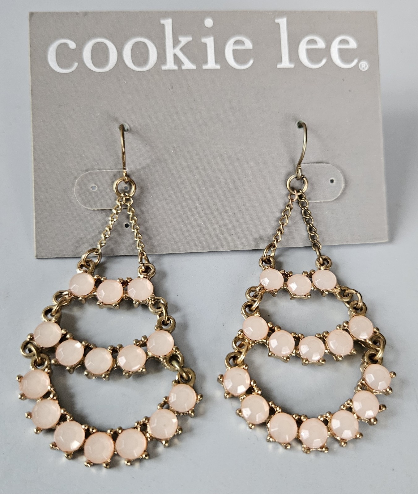Cookie Lee Chandelier Earrings Pale Peach Soft Rose Pink Glass Stones Gold Tone