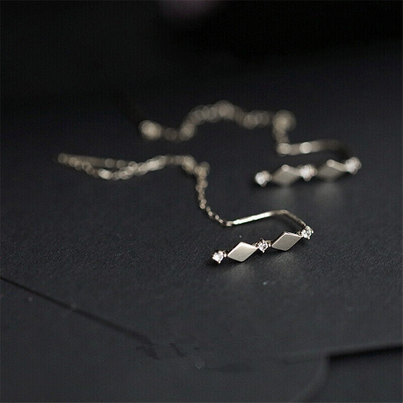 Stunning New Silver Plated Clear White CZ Threader Drop Dangle Earrings