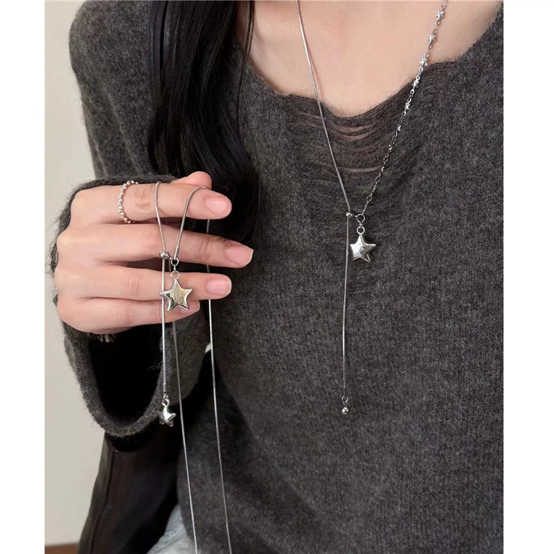 Silver Color Asymmetrical Star Pendant Adjustable Snake Chain Necklace for Women