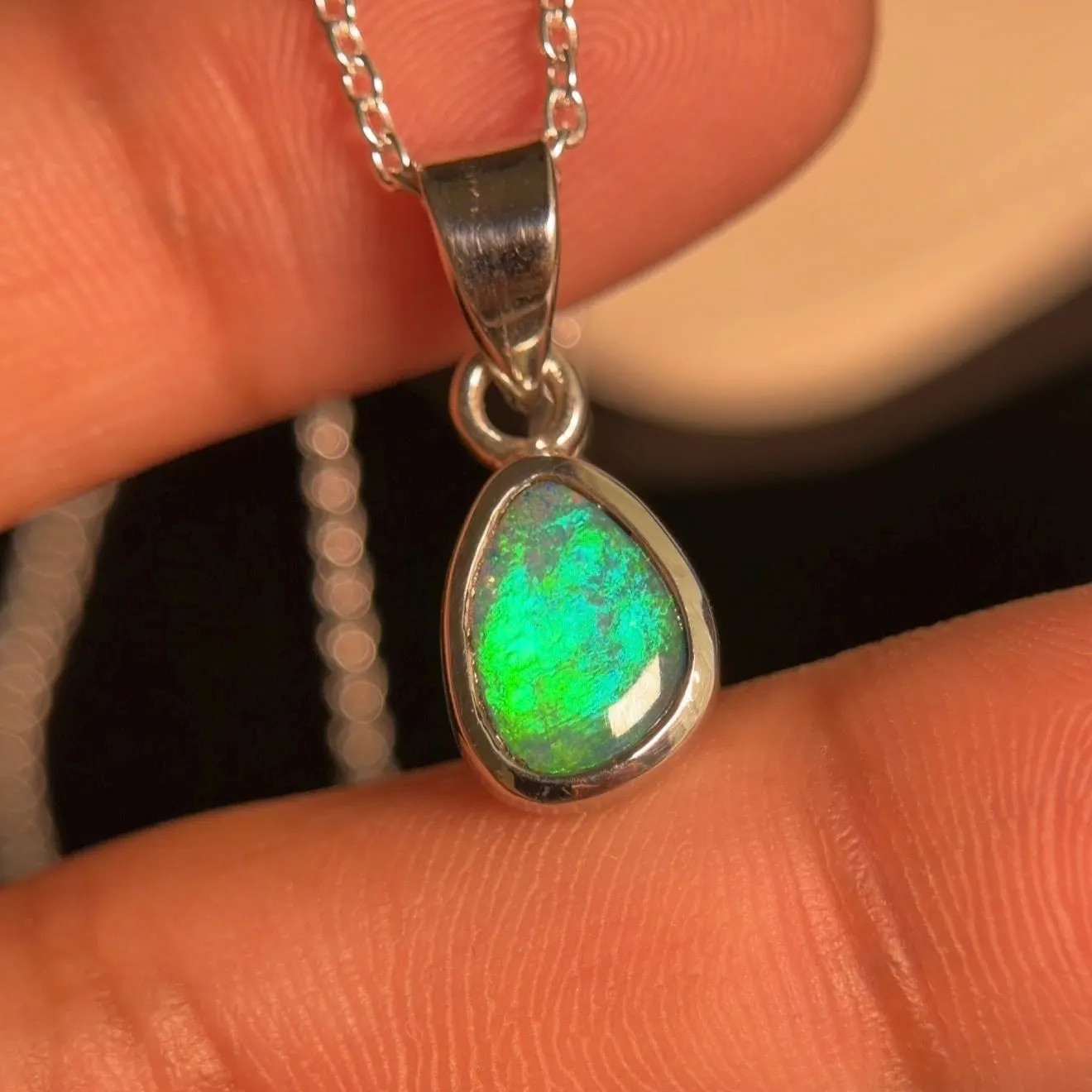 Natural Green Fire Australian Opal Pendant, Solid 925 Sterling Silver Necklace
