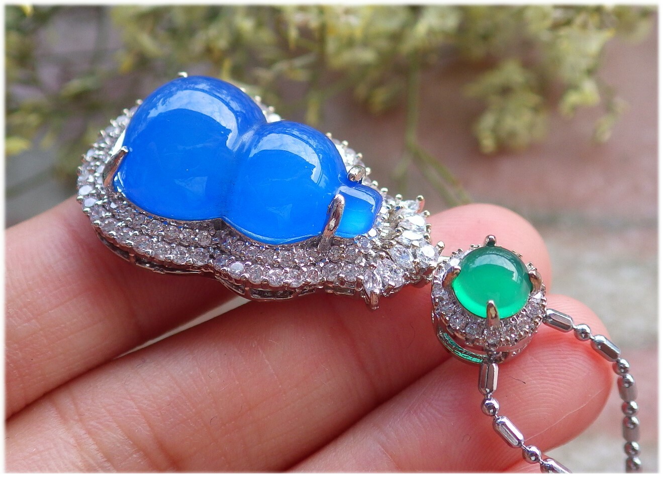 White Gold Plate Green Blue AGATE JADE PENDANT Gourd Diamond Imitation 390684