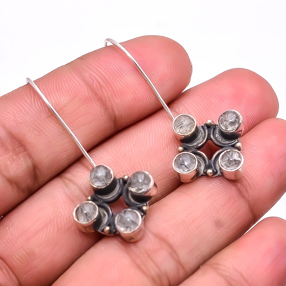 Black Rutilated Quartz – Brazil Designer 925 Sterling Silver Earring 1.56″ E2261