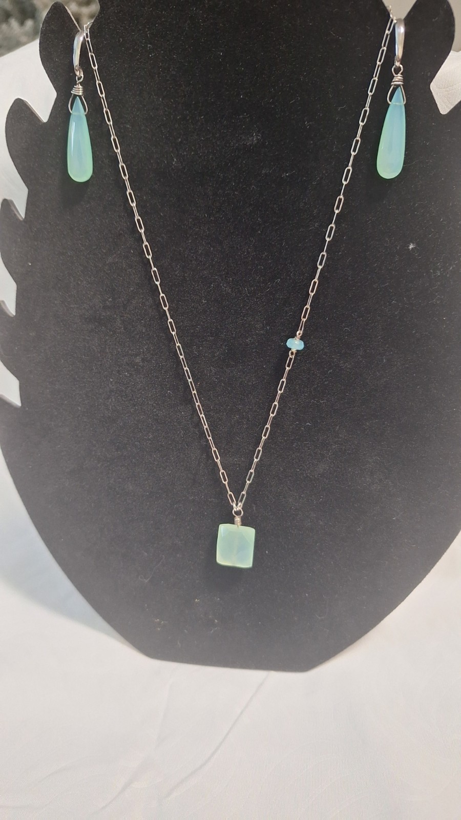 Silver Tone Blue Square Stone Jewelry Set Necklace & Drop Dangle Earrings