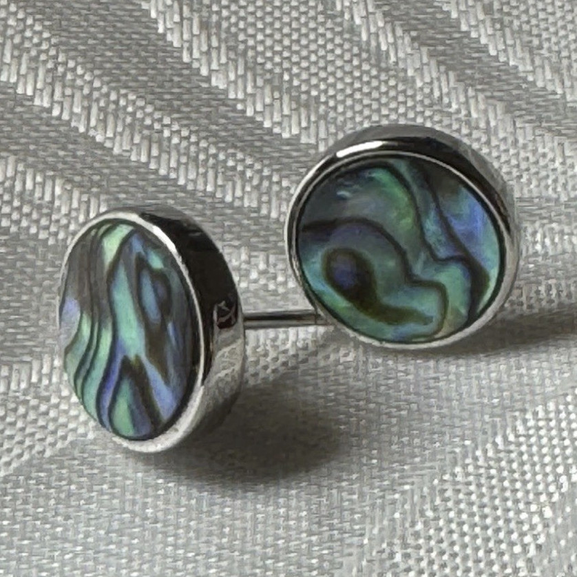 Silver Tone Round Abalone Shell Stud Earrings 16mm Bezel Setting Butterfly Back