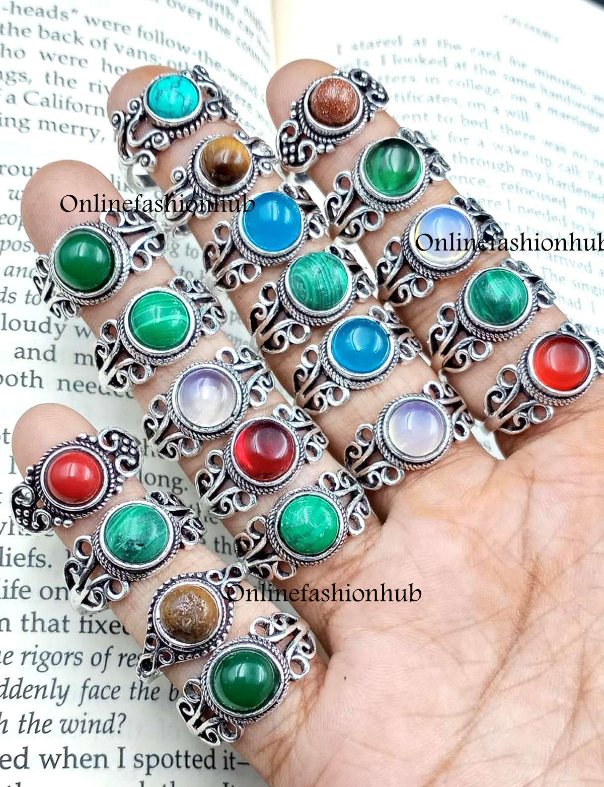 Malachite & Mix Gemstone 925 Sterling Silver Plated Lot 20Pcs Rings Jewelry