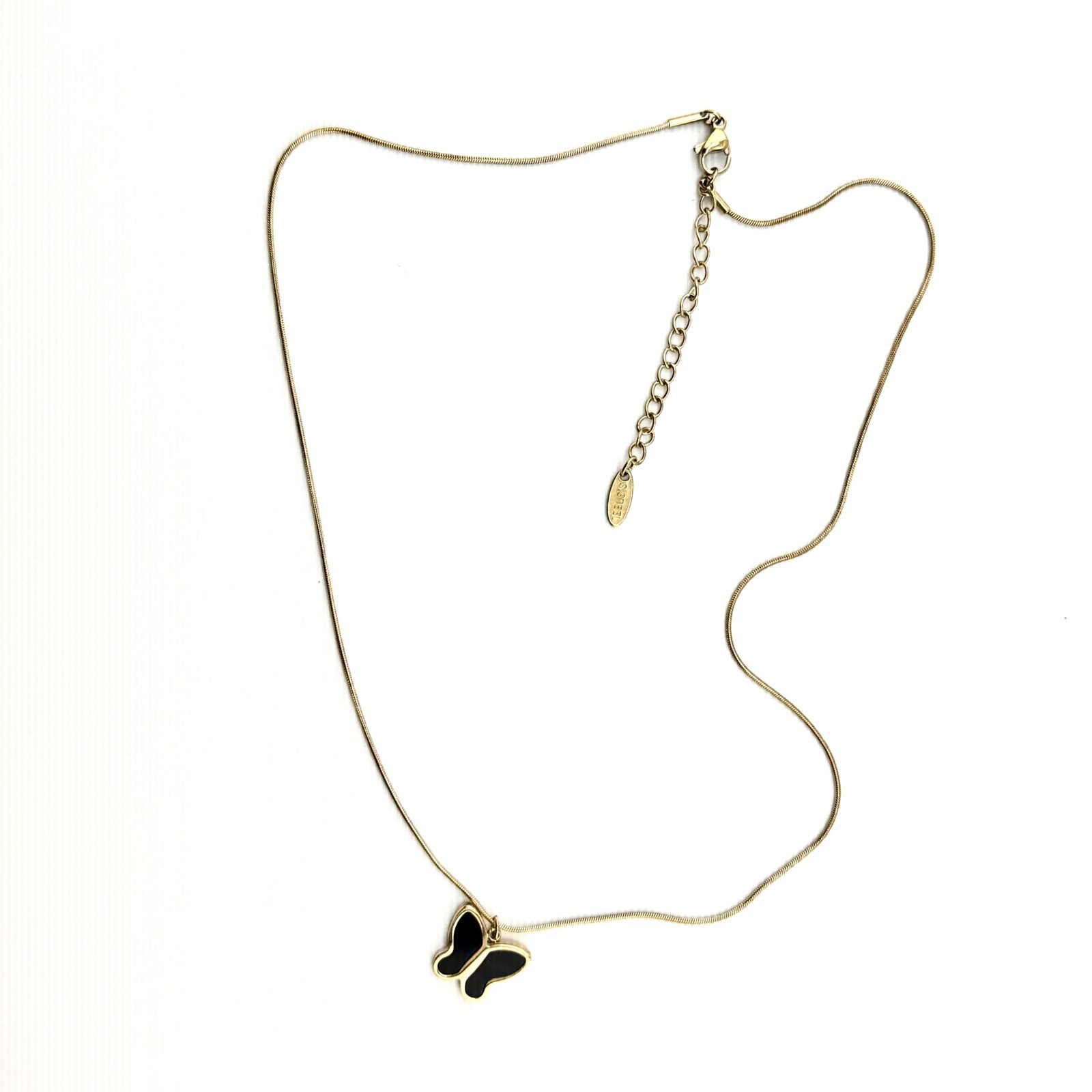 Gold Tone Butterfly Pendant Necklace Black Inlay Snake Chain
