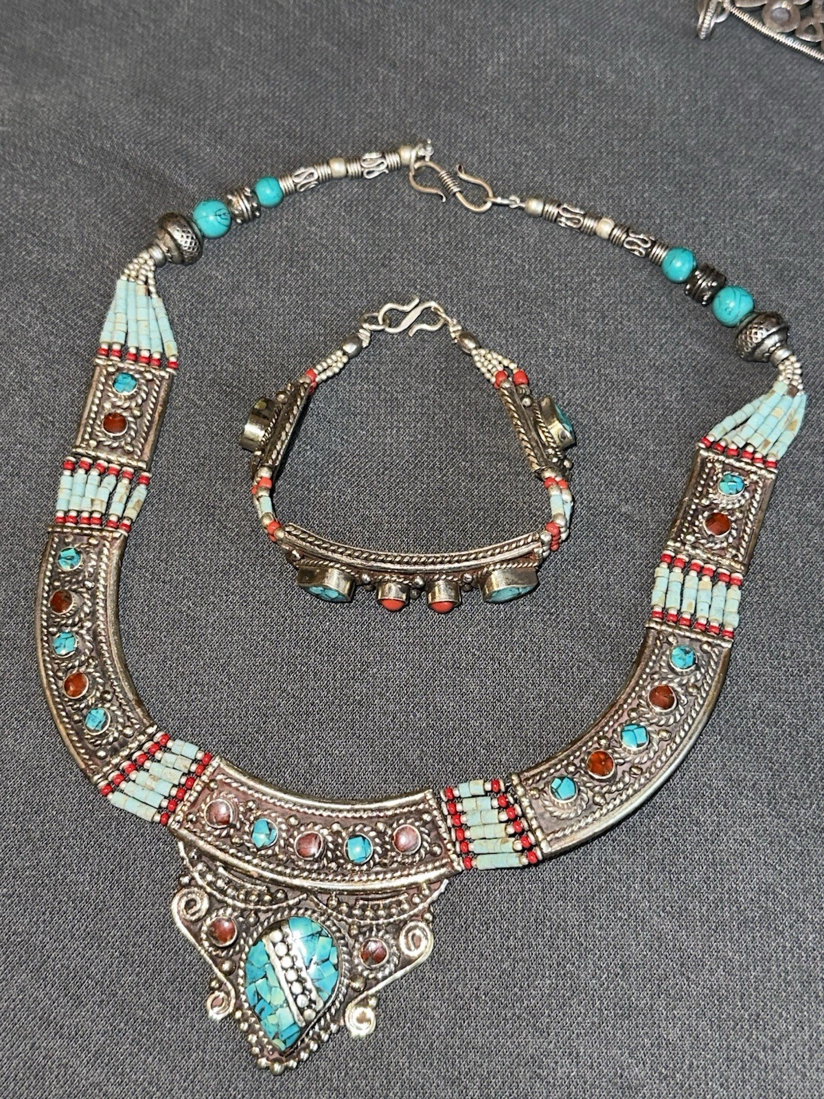 NEPAL TIBETAN HANDMADE Coral & Turquoise Bracelet Tibetan Silver Stamped .925