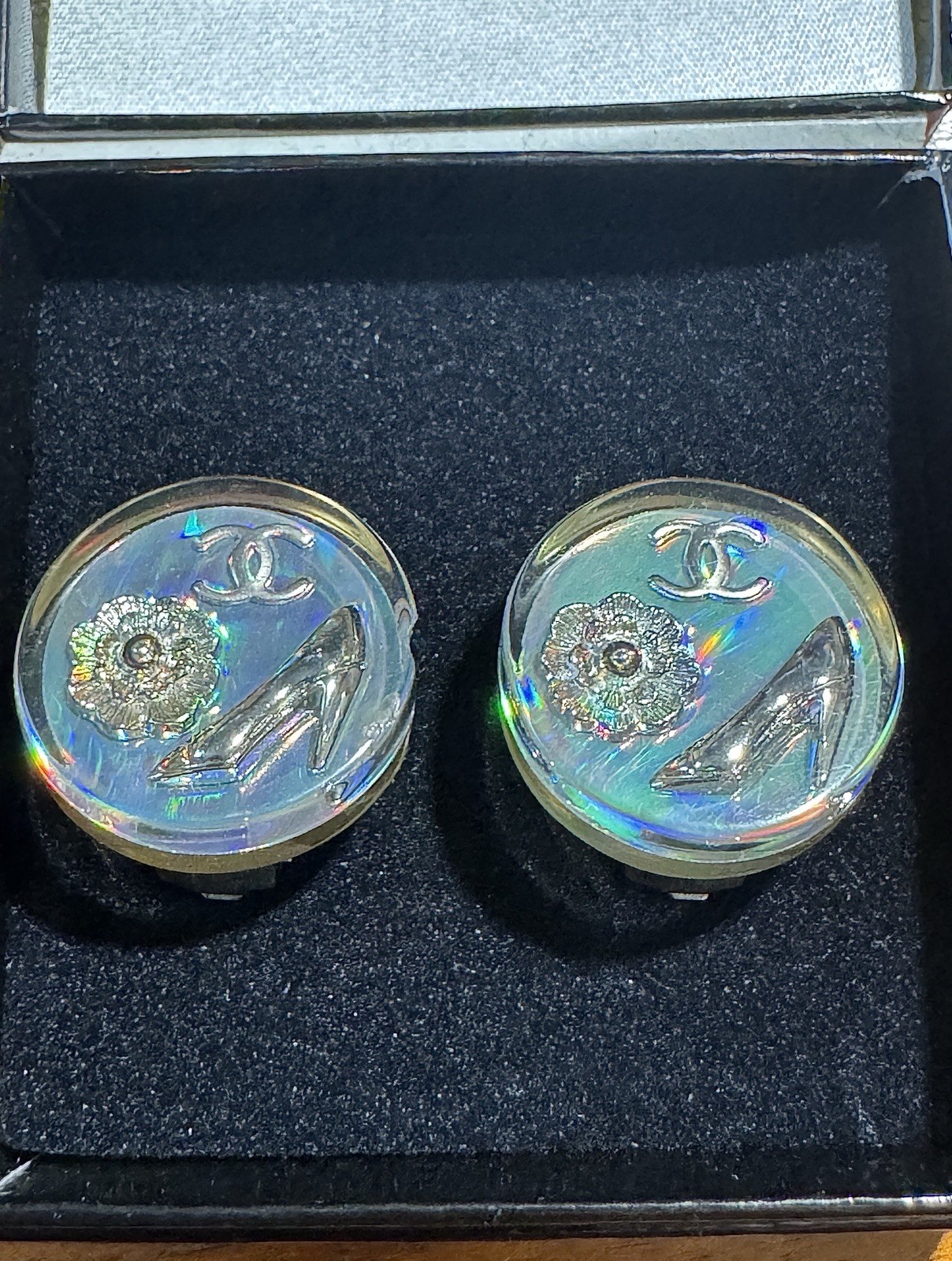 CHANEL Holographic Aurora Earrings Coco Mark High Heels Camelia