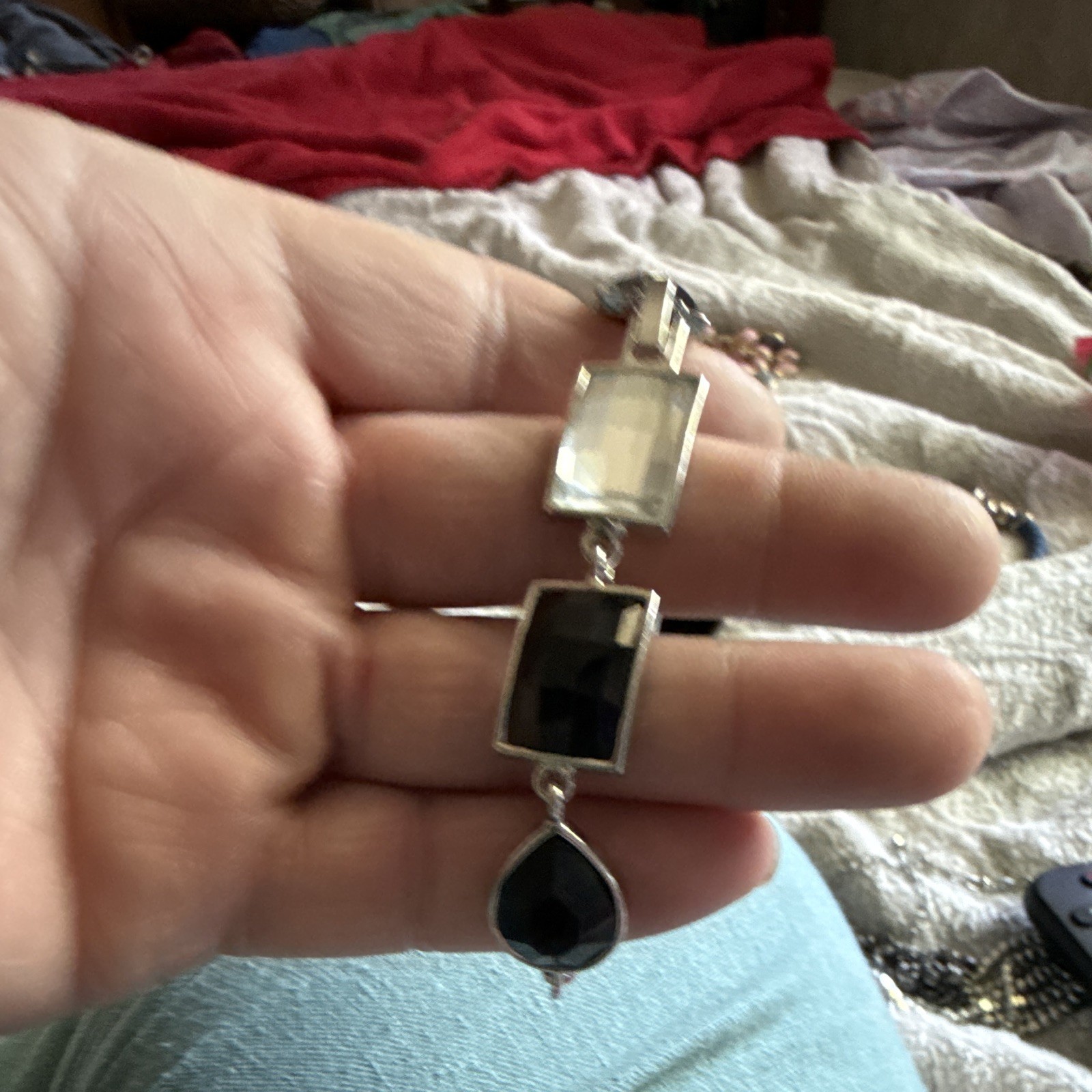 Lia Sophia Signed Silver Tone Bar Link Bracelet Black Crystal Box Closure
