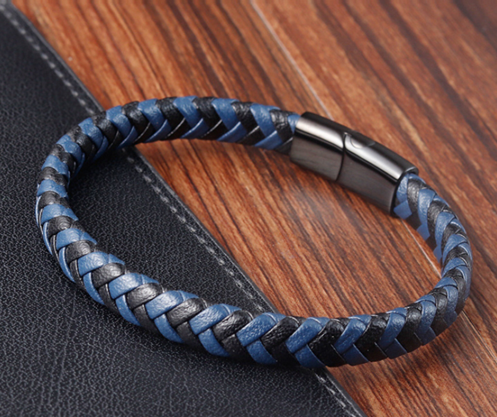 Men Women 8mm Black Blue Braided Leather Wrist Bracelet Magnetic Bangle 6.5-9″