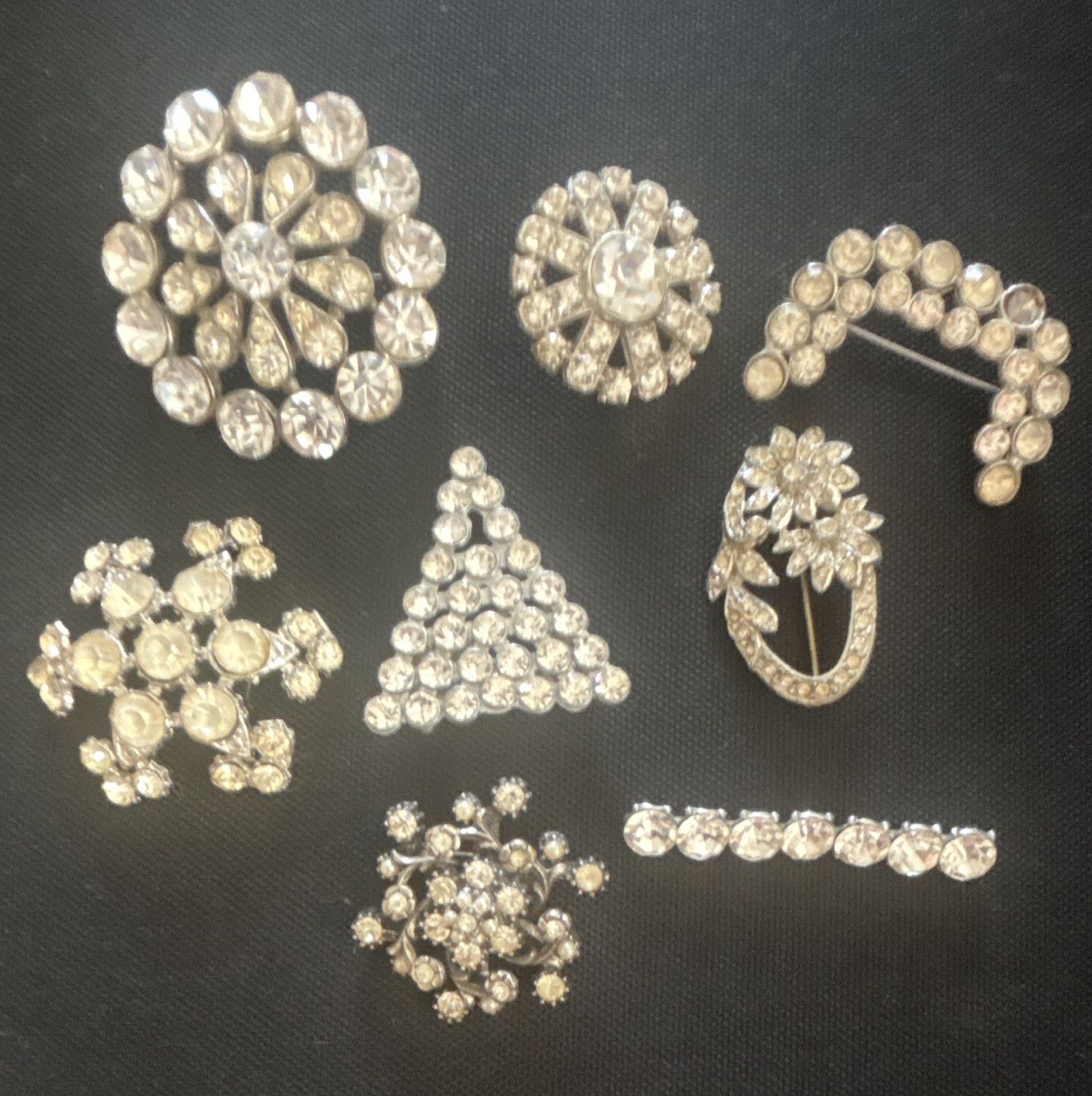 Vintage Silver Tone Rhinestone Crystal Cluster Brooch Pins Lot of 7 Mixed Shapes
