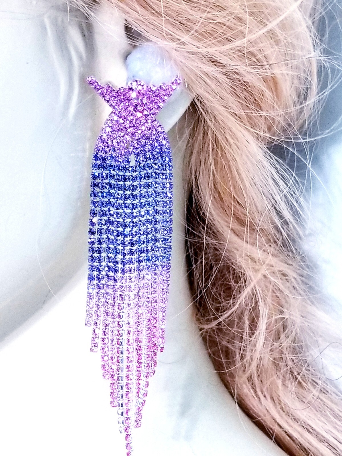 Purple Ombre Rhinestone Dangle Drop Chandelier Earrings 4 inch Bridal Jewelry