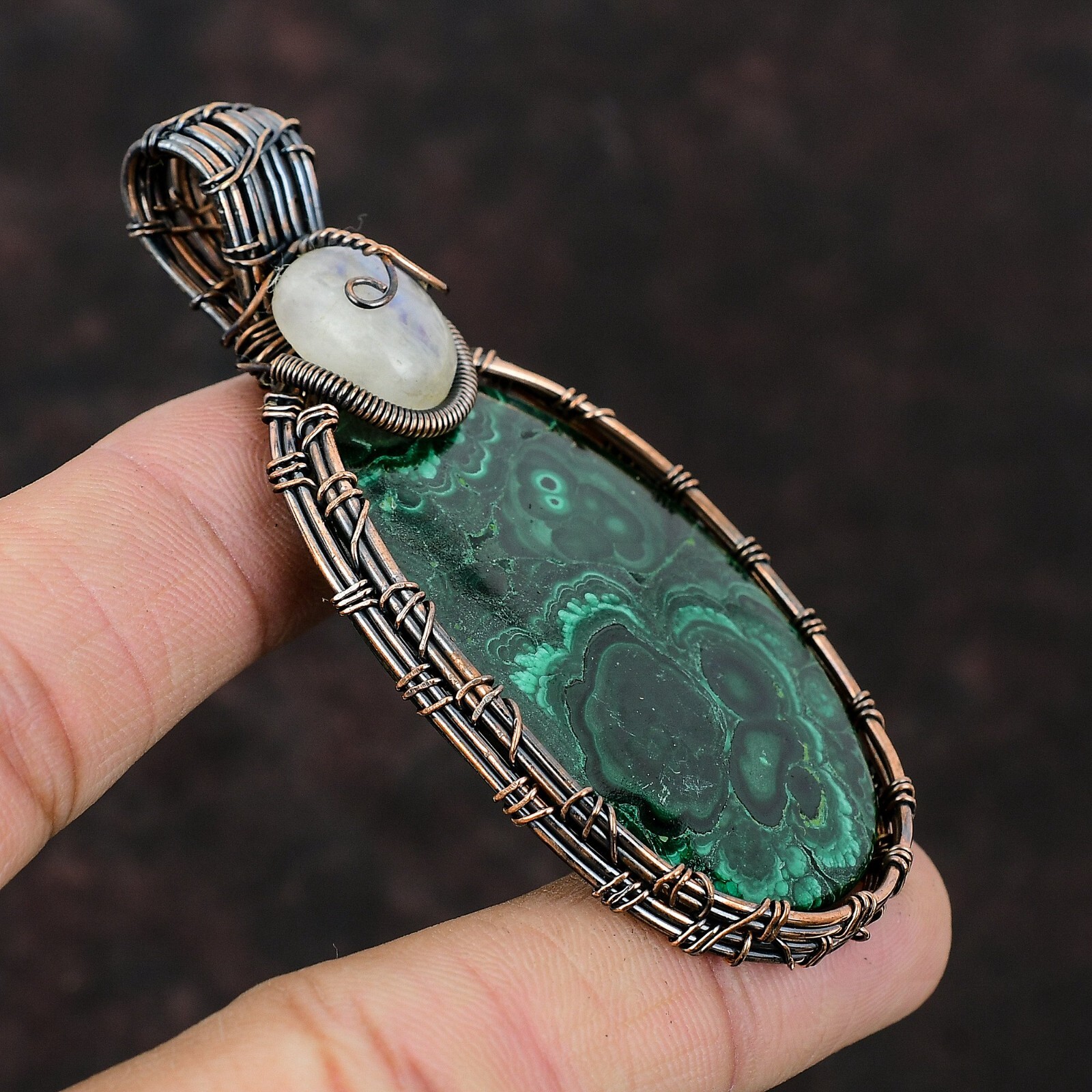 Gift For Her Russian Malachite Wire Wrapped Pendant Copper Jewelry 3.03″