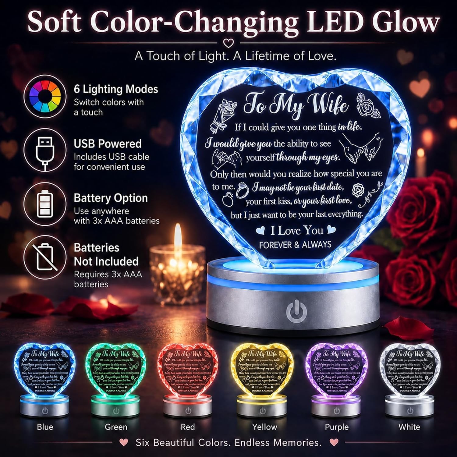 Romantic K9 Crystal Heart Gift for Wife with LED Base Anniversary Birthday