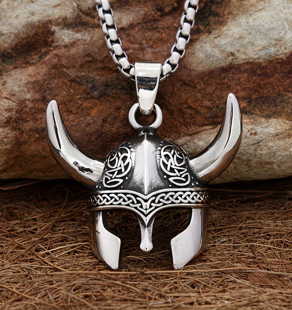 Viking Helmet Charm Pendant Necklace Stainless Steel Box Chain 23.6in