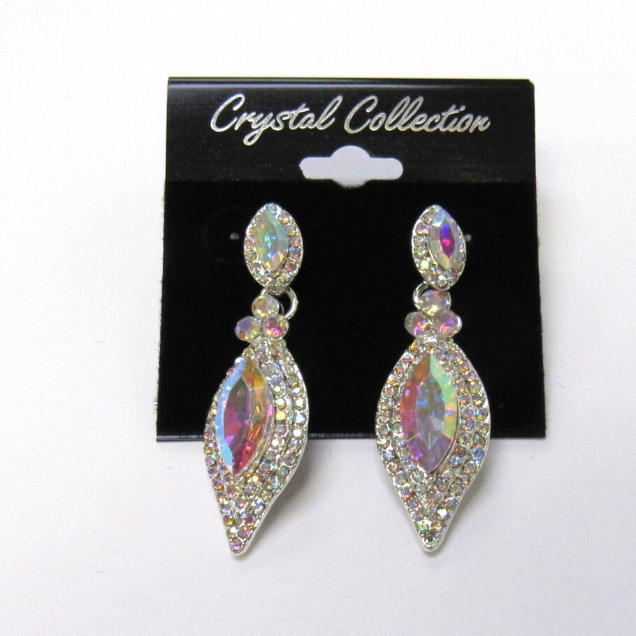 Silver Sparkle Iridescent Rhinestone Crystal Dangle Earrings Wedding Prom #456