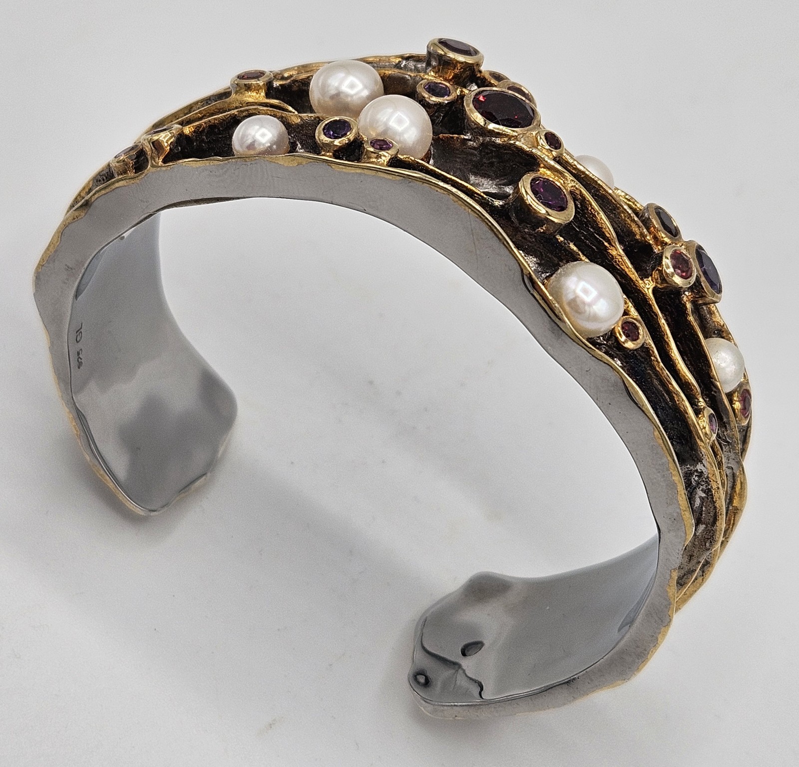 Silver Multi Gem FW Pearl Cuff Bracelet Gold Vermeil Sapphire, Garnet, Amethyst
