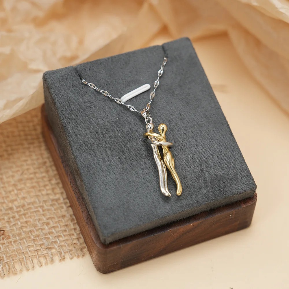 Simple Couple Hug Pendant Necklace Copper Stainless Steel Romantic Jewelry