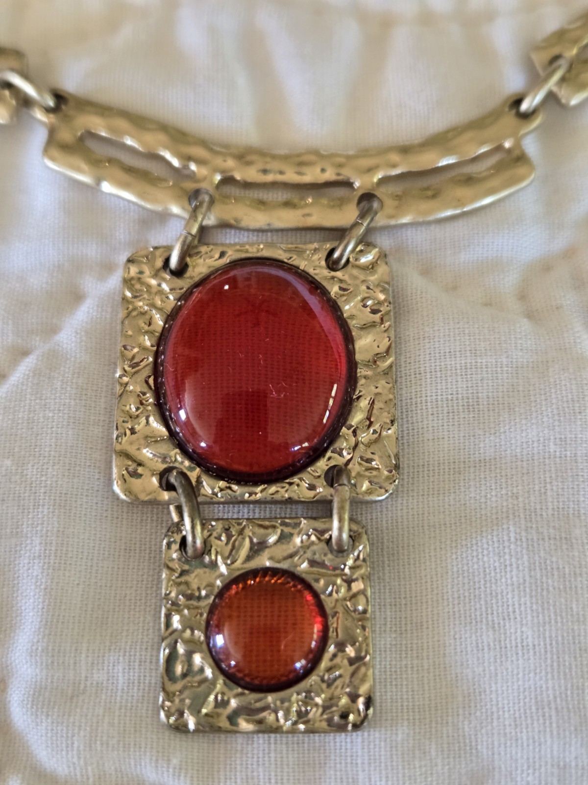 2000 Necklace Red Orange Acrylic Cabochon Y2K Textured Metal Dana Buchman Statem