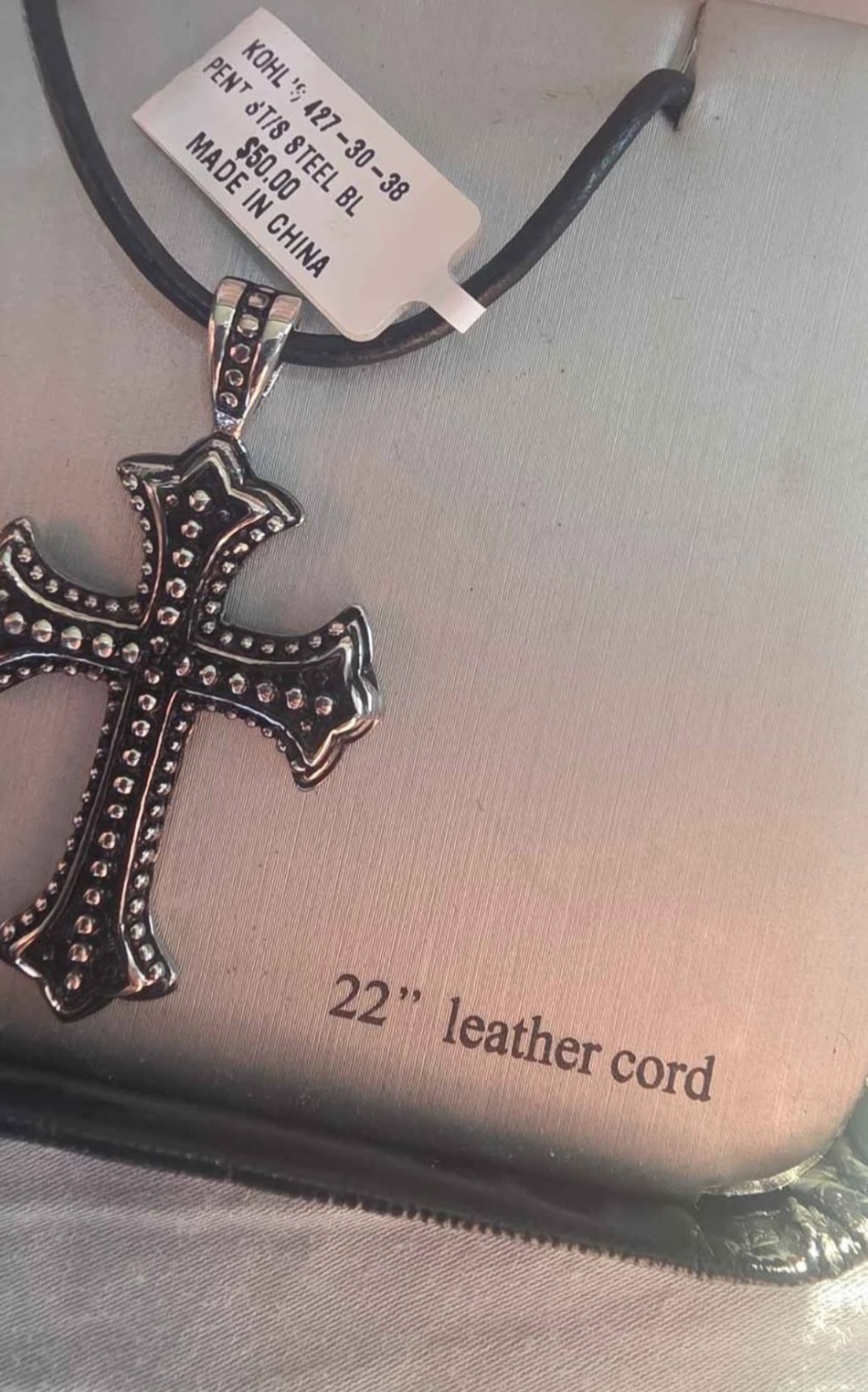 Stainless Steel Cross Pendant Necklace 22in Black Leather Cord