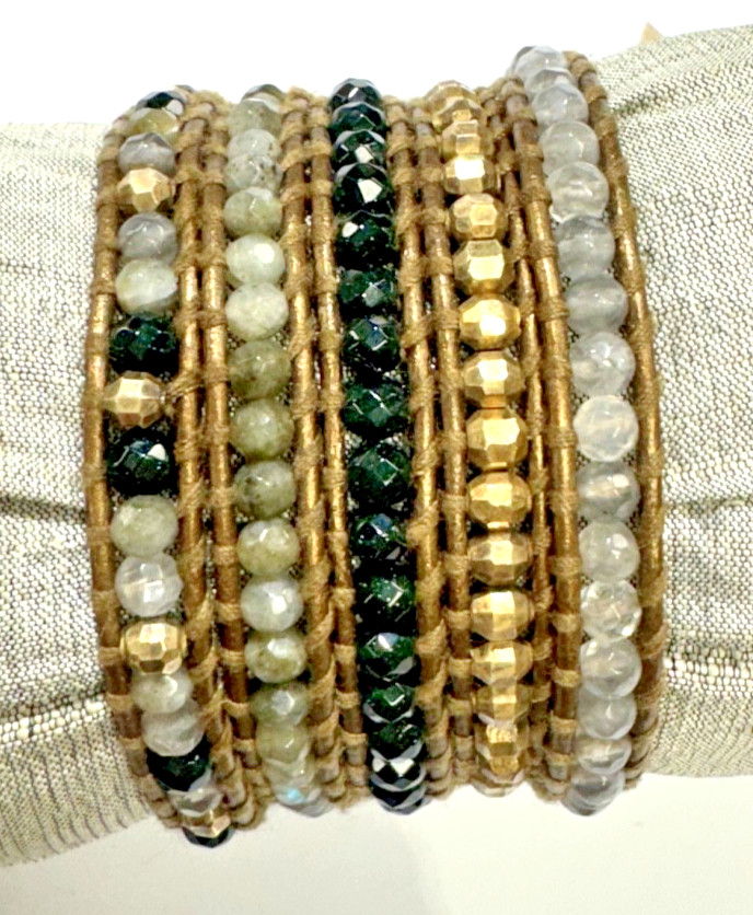Chan Luu Leather 5 Wrap Semi Precious Stone Beads Bracelet 35″